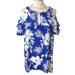 Bold Elements Womens Cold Shoulder Top XL Blue Floral Hawaiian Boho Tunic Chic